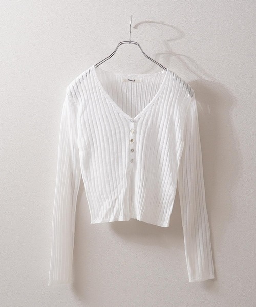 1111clothing（ワンフォークロージング）の「シアーニット クロップド カーディガン / Sheer Knit Cropped Cardigan（カーディガン/ボレロ・レディース・アイボリー/ブルー/ライム/ブラウン/ブラック・FREE）」の7枚目の写真