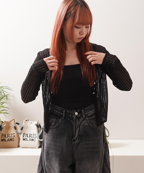 1111clothing（ワンフォークロージング）の「シアーニット クロップド カーディガン / Sheer Knit Cropped Cardigan（カーディガン/ボレロ・レディース・アイボリー/ブルー/ライム/ブラウン/ブラック・FREE）」の14枚目の写真