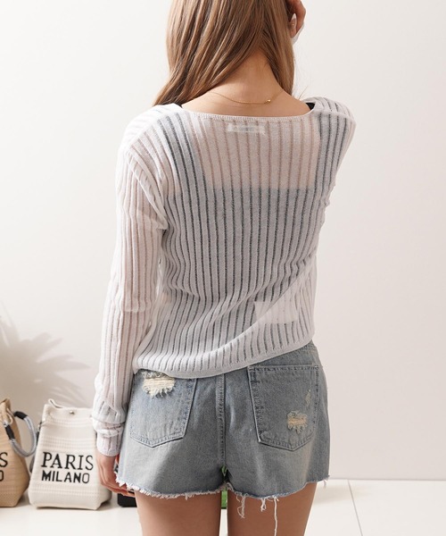 1111clothing（ワンフォークロージング）の「シアーニット クロップド カーディガン / Sheer Knit Cropped Cardigan（カーディガン/ボレロ・レディース・アイボリー/ブルー/ライム/ブラウン/ブラック・FREE）」の12枚目の写真
