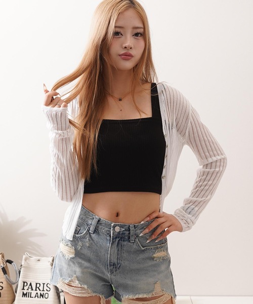 1111clothing（ワンフォークロージング）の「シアーニット クロップド カーディガン / Sheer Knit Cropped Cardigan（カーディガン/ボレロ・レディース・アイボリー/ブルー/ライム/ブラウン/ブラック・FREE）」の9枚目の写真