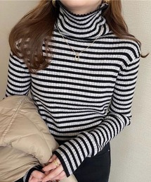 タートルネックリブニットトップス