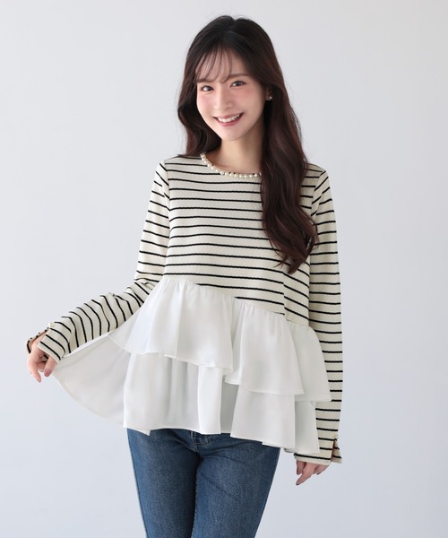 Mirenue(ミレニュー)の「ボーダーフリルペプラムトップス(その他トップス・レディース・ホワイト/ネイビー/チャコール・FREE)」の2枚目の写真