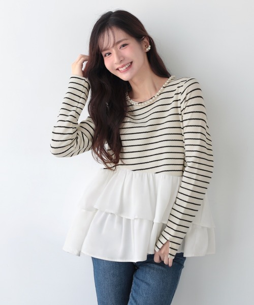 Mirenue(ミレニュー)の「ボーダーフリルペプラムトップス(その他トップス・レディース・ホワイト/ネイビー/チャコール・FREE)」の13枚目の写真