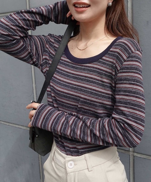 CORNERS（コーナーズ）の「マルチボーダークルーネックTシャツ（Tシャツ/カットソー・レディース・カーキ/ブラウン/ネイビー/ブラック・M）」の4枚目の写真