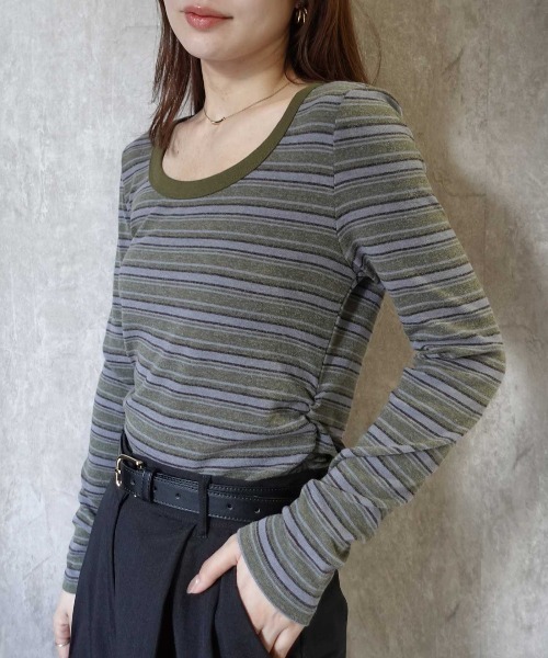 CORNERS（コーナーズ）の「マルチボーダークルーネックTシャツ（Tシャツ/カットソー・レディース・カーキ/ブラウン/ネイビー/ブラック・M）」の3枚目の写真