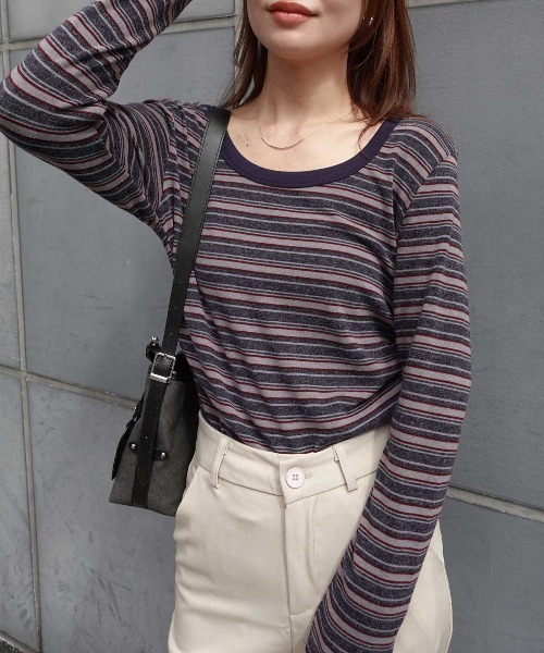 CORNERS（コーナーズ）の「マルチボーダークルーネックTシャツ（Tシャツ/カットソー・レディース・カーキ/ブラウン/ネイビー/ブラック・M）」の8枚目の写真