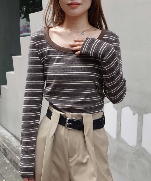 CORNERS（コーナーズ）の「マルチボーダークルーネックTシャツ（Tシャツ/カットソー・レディース・カーキ/ブラウン/ネイビー/ブラック・M）」の11枚目の写真