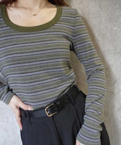 CORNERS（コーナーズ）の「マルチボーダークルーネックTシャツ（Tシャツ/カットソー・レディース・カーキ/ブラウン/ネイビー/ブラック・M）」の14枚目の写真