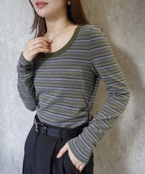 CORNERS（コーナーズ）の「マルチボーダークルーネックTシャツ（Tシャツ/カットソー・レディース・カーキ/ブラウン/ネイビー/ブラック・M）」の15枚目の写真