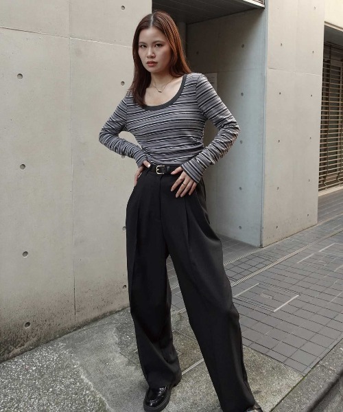 CORNERS（コーナーズ）の「マルチボーダークルーネックTシャツ（Tシャツ/カットソー・レディース・カーキ/ブラウン/ネイビー/ブラック・M）」の16枚目の写真