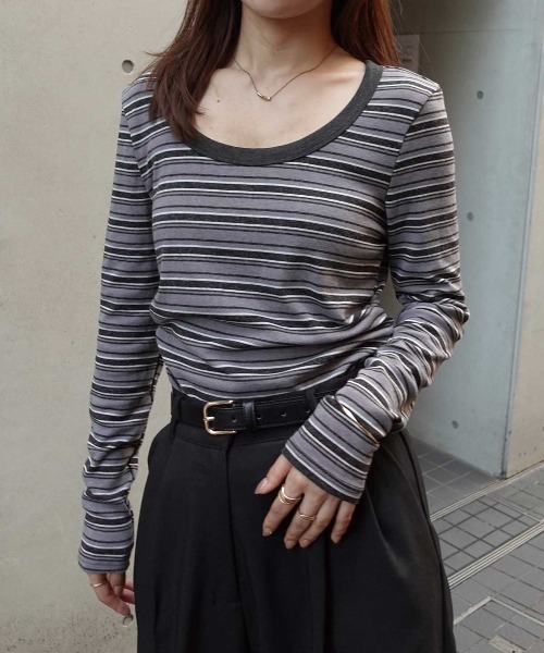 CORNERS（コーナーズ）の「マルチボーダークルーネックTシャツ（Tシャツ/カットソー・レディース・カーキ/ブラウン/ネイビー/ブラック・M）」の17枚目の写真