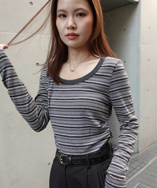 CORNERS（コーナーズ）の「マルチボーダークルーネックTシャツ（Tシャツ/カットソー・レディース・カーキ/ブラウン/ネイビー/ブラック・M）」の18枚目の写真
