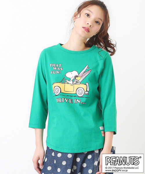 CUBE SUGAR（キューブシュガー）の「天竺ピーチ起毛 スヌーピー 7分袖Tシャツ（Tシャツ/カットソー・レディース・ホワイト/ブラック/グリーン・M）」の3枚目の写真