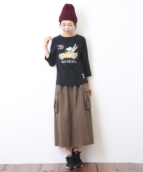 CUBE SUGAR（キューブシュガー）の「天竺ピーチ起毛 スヌーピー 7分袖Tシャツ（Tシャツ/カットソー・レディース・ホワイト/ブラック/グリーン・M）」の9枚目の写真