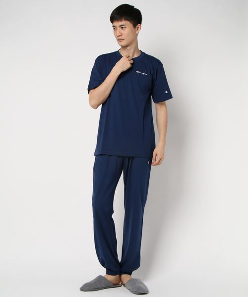 Champion チャンピオン の Champion メンズ スウェットセットアップ 半袖長パンツ 天竺 ルームウェア パジャマ -