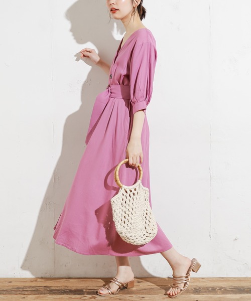 natural couture（ナチュラルクチュール）の「【WEB限定カラー有り】リネン前釦2WAYワンピース（ワンピース・レディース・ブラック/ベージュ/パープル/イエロー/ストライプ・FREE）」の19枚目の写真