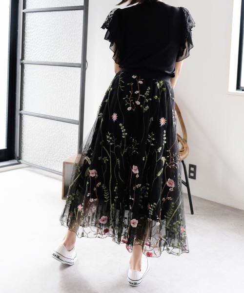 セール】ヴィンテージ風フラワー刺繍スカート（スカート）｜Luxe
