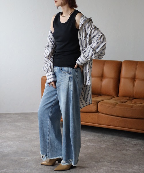 Fizz（フィズ）の「コットンフライスタンクトップ（タンクトップ・レディース・ホワイト/ブラック/グレイッシュベージュ/グレー/ラベンダー/ネイビー/ブラウン/ブルーグリーン/マスタード・M/L）」の16枚目の写真