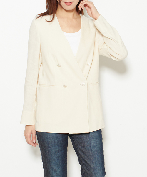 Liesse リエス★ダブルブレスト麻混ノーカラージャケット　リネン　キナリ Liesse（リエス）の「ストレッチリネンダブルブレストジャケット