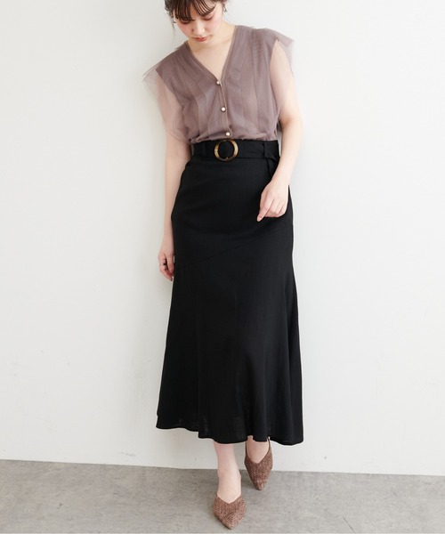 natural couture(ナチュラルクチュール)の「斜めきりかえリネンスカート(スカート・レディース・ブラック/ライトベージュ/イエロー/オレンジ/ストライプ・FREE)」の2枚目の写真