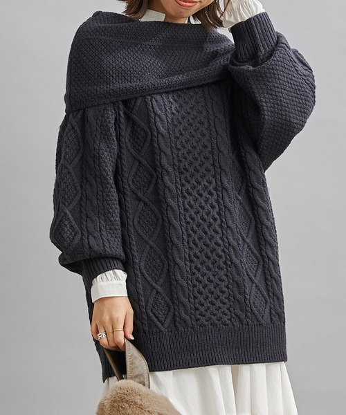 DouDou（ドゥドゥ）の「編地切替ケーブルチュニック（ニット/セーター・レディース・オフホワイト/チャコールグレー/ベージュ・FREE）」の3枚目の写真