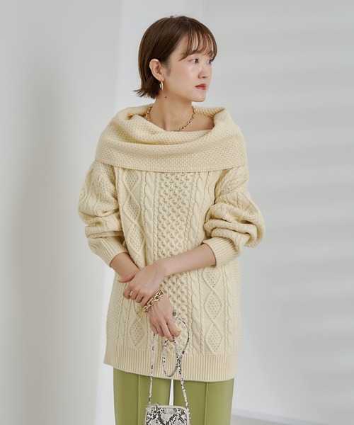 DouDou（ドゥドゥ）の「編地切替ケーブルチュニック（ニット/セーター・レディース・オフホワイト/チャコールグレー/ベージュ・FREE）」の5枚目の写真