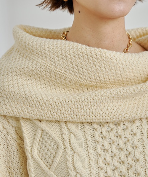 DouDou（ドゥドゥ）の「編地切替ケーブルチュニック（ニット/セーター・レディース・オフホワイト/チャコールグレー/ベージュ・FREE）」の12枚目の写真