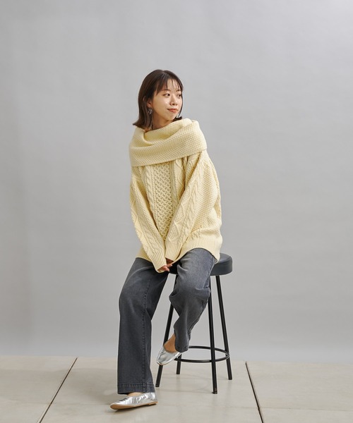 DouDou（ドゥドゥ）の「編地切替ケーブルチュニック（ニット/セーター・レディース・オフホワイト/チャコールグレー/ベージュ・FREE）」の9枚目の写真