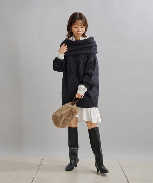 DouDou（ドゥドゥ）の「編地切替ケーブルチュニック（ニット/セーター・レディース・オフホワイト/チャコールグレー/ベージュ・FREE）」の10枚目の写真