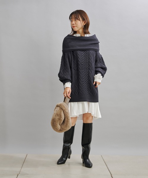 DouDou（ドゥドゥ）の「編地切替ケーブルチュニック（ニット/セーター・レディース・オフホワイト/チャコールグレー/ベージュ・FREE）」の17枚目の写真