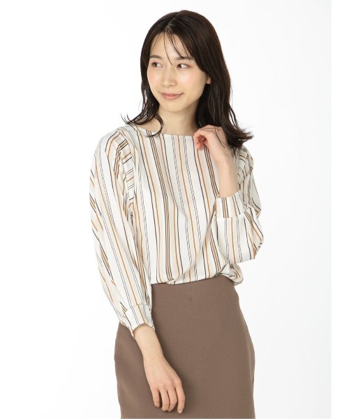 m.f.editorial(エムエフエディトリアル)の「エムエフエディトリアルレディース/m.f.editorial:Women ストライプ柄 袖ボリューム ゆるプルオーバーTシャツ(Tシャツ/カットソー・レディース・ホワイト/ブラック/ベージュ・MEDIUM/LARGE)」の2枚目の写真