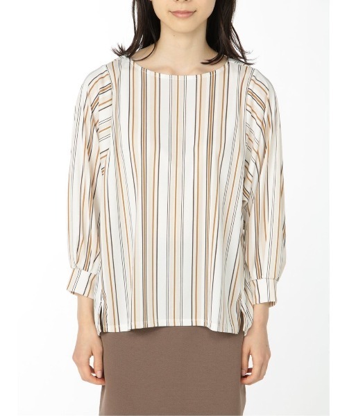 m.f.editorial(エムエフエディトリアル)の「エムエフエディトリアルレディース/m.f.editorial:Women ストライプ柄 袖ボリューム ゆるプルオーバーTシャツ(Tシャツ/カットソー・レディース・ホワイト/ブラック/ベージュ・MEDIUM/LARGE)」の7枚目の写真