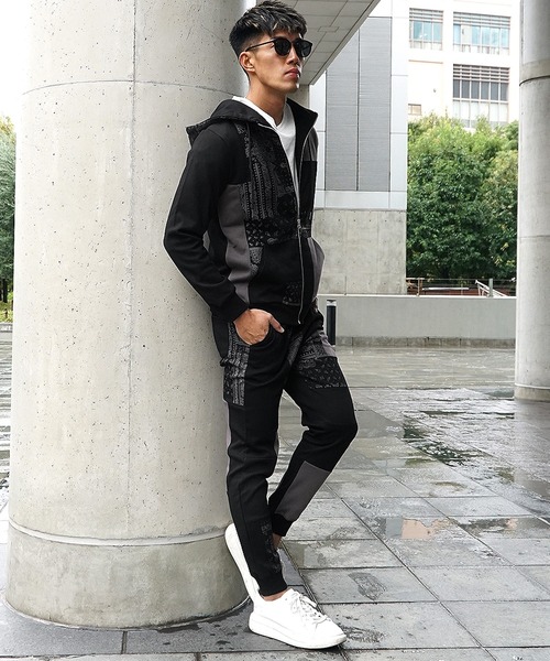 カモフラパッチワークスウェットZIPアップパーカー+ジョガーパンツ