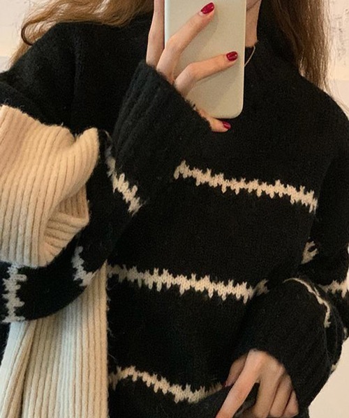 HALEY PESCA（ヘーリーペスカ）の「HALEY PESCA/ルーズシルエット ラインニット（ニット/セーター・レディース・ホワイト/ブラック・FREE）」の5枚目の写真