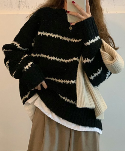 HALEY PESCA（ヘーリーペスカ）の「HALEY PESCA/ルーズシルエット ラインニット（ニット/セーター・レディース・ホワイト/ブラック・FREE）」の9枚目の写真