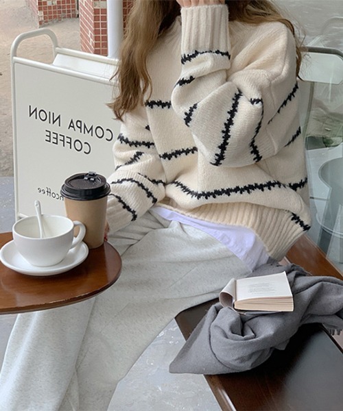 HALEY PESCA（ヘーリーペスカ）の「HALEY PESCA/ルーズシルエット ラインニット（ニット/セーター・レディース・ホワイト/ブラック・FREE）」の8枚目の写真