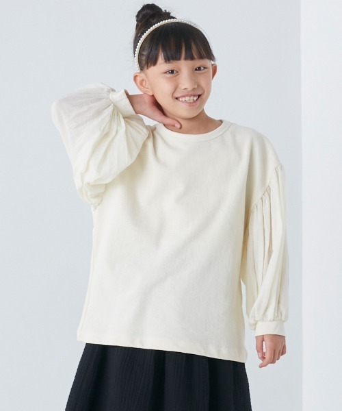 OMNES(オムネス)の「キッズ スラブコットン袖ボリューム長袖Tシャツ ロンT(Tシャツ/カットソー・キッズ・ネイビー/ピンク/アイボリー/キャメル/グレイッシュブルー・100/110/120/130/140)」の2枚目の写真