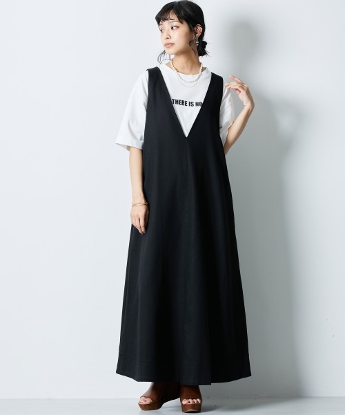 極美品⭐︎ INFINE 大きいサイズ 15号 ワンピースセットアップ　紺 セール】＜大きいサイズ＞深VネックAラインロングワンピース