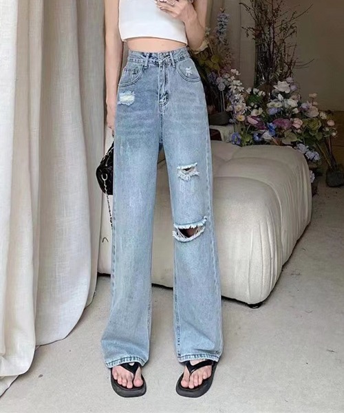 AsRiRe(アスリレイ)の「【AsRiRe】ハイウエストダメージデニムパンツ(デニムパンツ・レディース・サックスブルー/ブラック・L/S/M)」の4枚目の写真