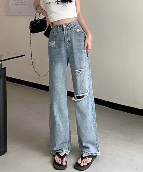 AsRiRe(アスリレイ)の「【AsRiRe】ハイウエストダメージデニムパンツ(デニムパンツ・レディース・サックスブルー/ブラック・L/S/M)」の7枚目の写真