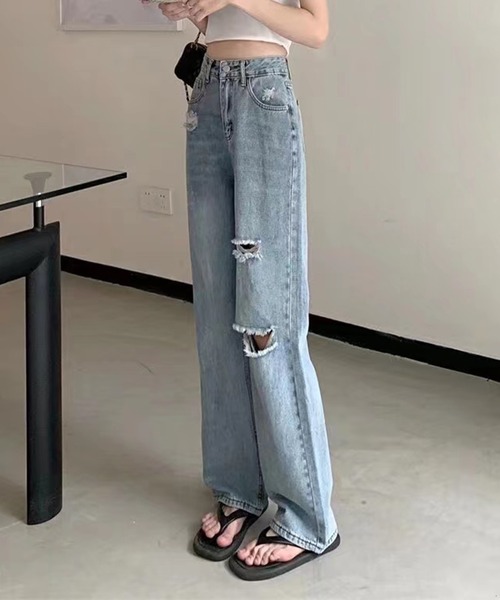 AsRiRe(アスリレイ)の「【AsRiRe】ハイウエストダメージデニムパンツ(デニムパンツ・レディース・サックスブルー/ブラック・L/S/M)」の8枚目の写真
