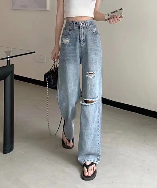 AsRiRe(アスリレイ)の「【AsRiRe】ハイウエストダメージデニムパンツ(デニムパンツ・レディース・サックスブルー/ブラック・L/S/M)」の9枚目の写真