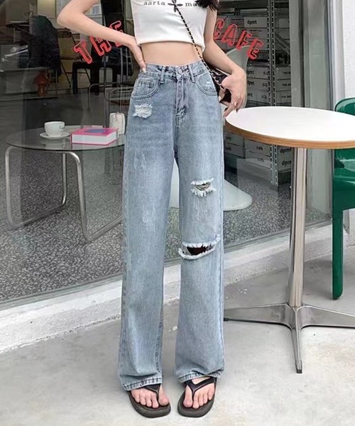 AsRiRe(アスリレイ)の「【AsRiRe】ハイウエストダメージデニムパンツ(デニムパンツ・レディース・サックスブルー/ブラック・L/S/M)」の12枚目の写真