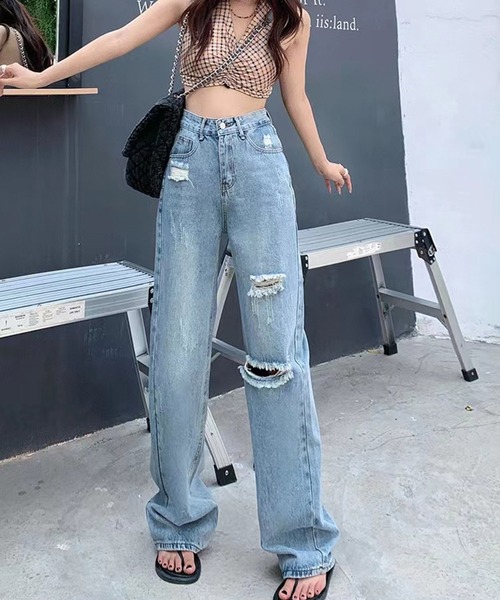 AsRiRe(アスリレイ)の「【AsRiRe】ハイウエストダメージデニムパンツ(デニムパンツ・レディース・サックスブルー/ブラック・L/S/M)」の14枚目の写真