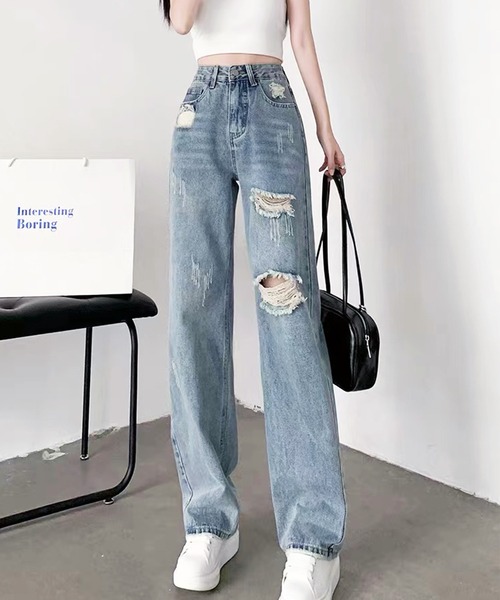 AsRiRe(アスリレイ)の「【AsRiRe】ハイウエストダメージデニムパンツ(デニムパンツ・レディース・サックスブルー/ブラック・L/S/M)」の16枚目の写真