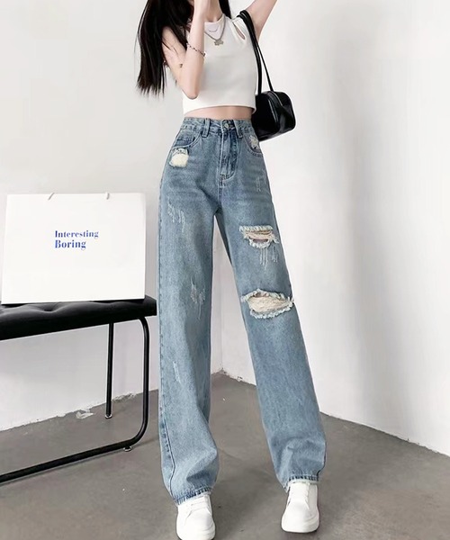 AsRiRe(アスリレイ)の「【AsRiRe】ハイウエストダメージデニムパンツ(デニムパンツ・レディース・サックスブルー/ブラック・L/S/M)」の17枚目の写真