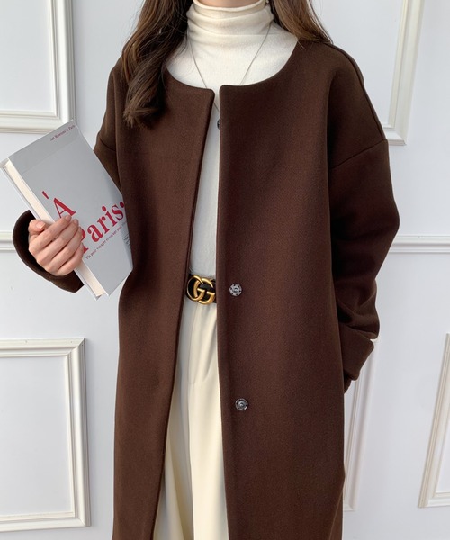 ECLIN(エクラン)の「ノーカラーロングコート(ノーカラーコート・レディース・ブラック/ベージュ/ブラウン/キャメル/カーキ/ネイビー・FREE)」の2枚目の写真