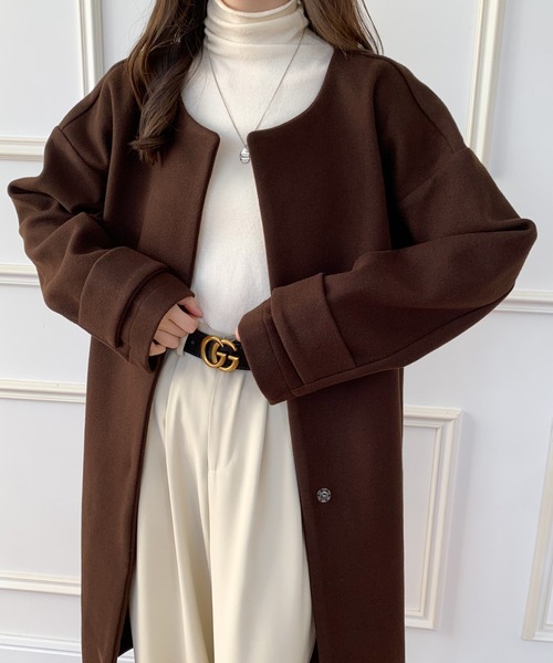 ECLIN(エクラン)の「ノーカラーロングコート(ノーカラーコート・レディース・ブラック/ベージュ/ブラウン/キャメル/カーキ/ネイビー・FREE)」の18枚目の写真
