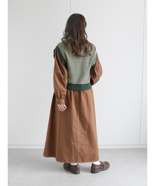 ehka sopo（エヘカソポ）の「配色ステッチワンピース（ワンピース・レディース・ブラック/ベージュ/ブラウン・ﾌﾘ-）」の7枚目の写真