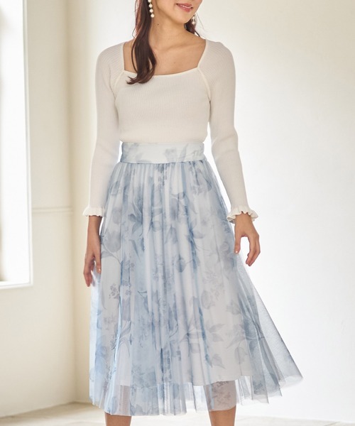 tocco closet(トッコ クローゼット)の「フラワープリントチュールフレアスカート(スカート・レディース・サックスブルー/ホワイト・M)」の7枚目の写真